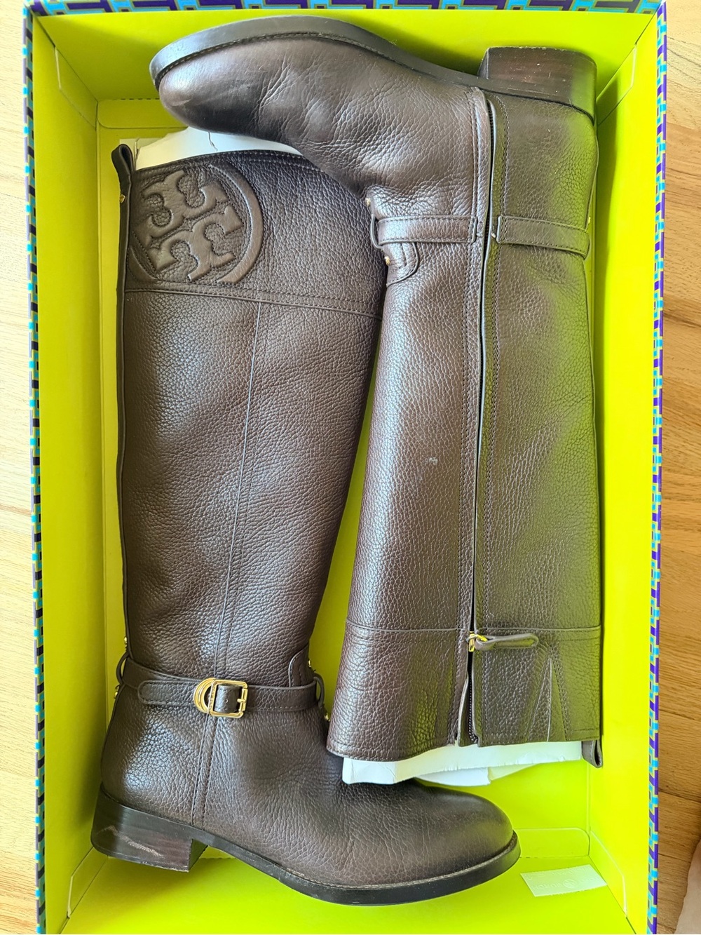 Tory Burch Dark Brown Leather Tall Riding Boots with Logo Medallion